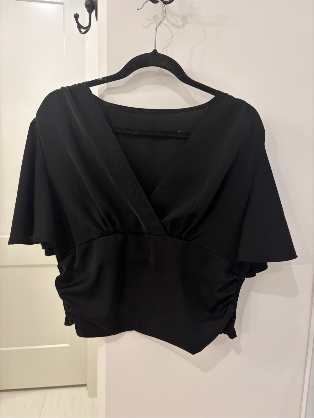 Elegant Black V-Neck Flutter Sleeve Blouse